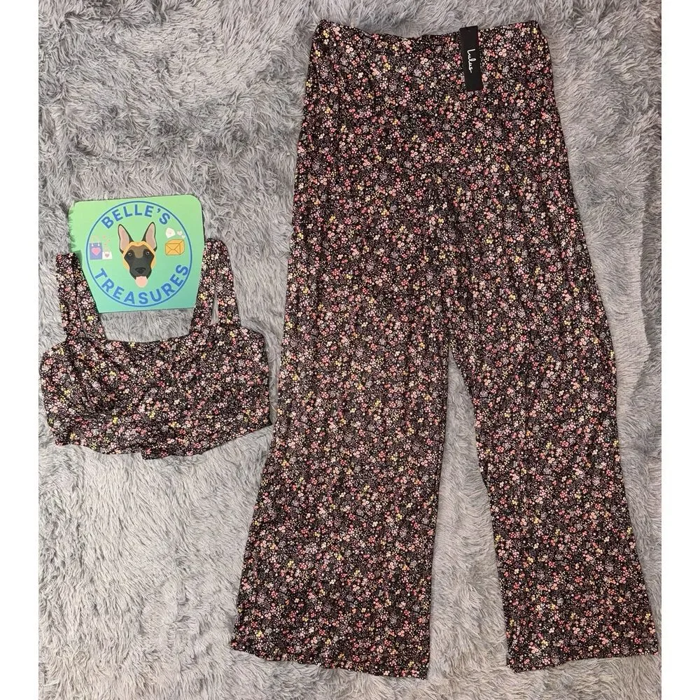 Lulu's XL Bloom In Black Wide Leg Trouser And Bustier Crop Black Floral‎ NWT